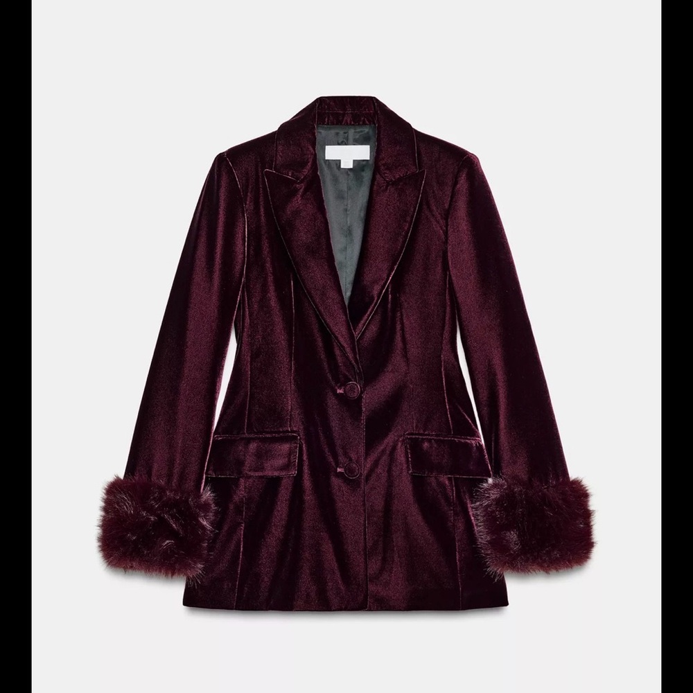 Zara Rich Burgundy Velvet Blazer with Fur Cuffs - Picture 4 of 6